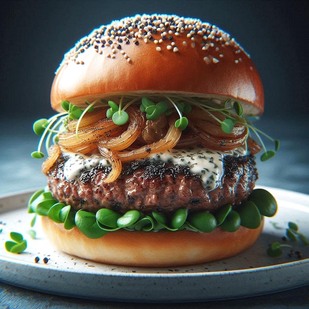 a hamburger with sesame seeds on it sits on a plate