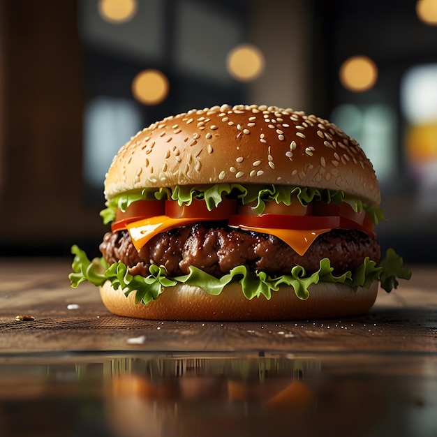 a hamburger with a sesame seeds on it sits on a wooden table