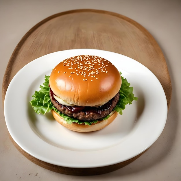 a hamburger with sesame seeds on a white plate