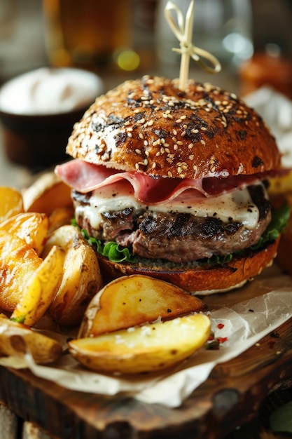 A hamburger with a side of french fries is on a wooden board