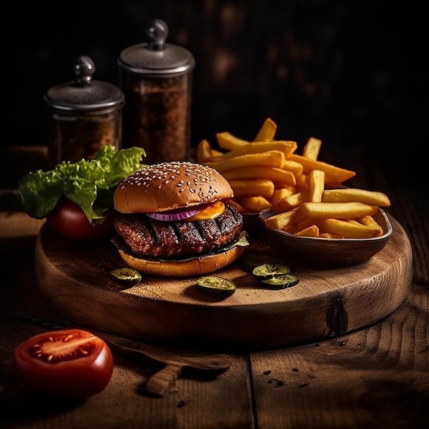 A hamburger with a side of fries and a bowl of lettuce on a wooden board.