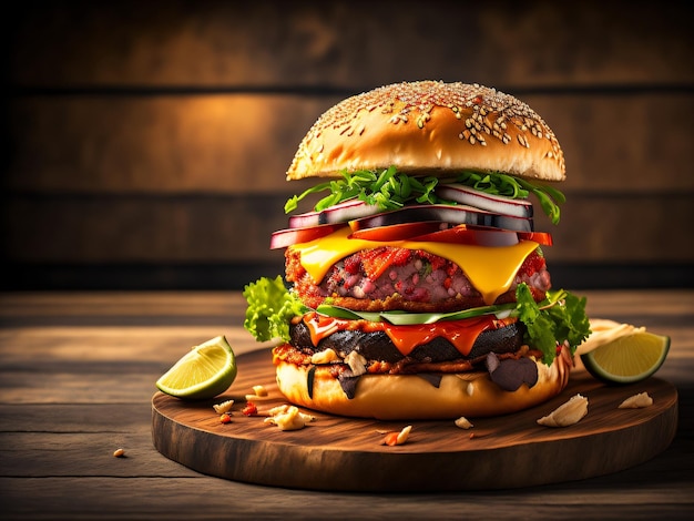 A hamburger with a side of limes on a wooden cutting board