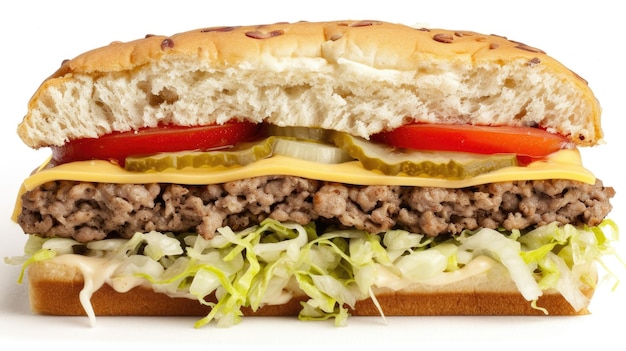 A hamburger with a slice of cheese and pickles