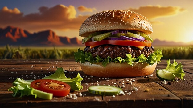 a hamburger with a slice of tomato on it sits on a table