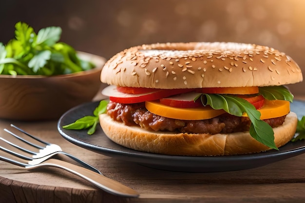 A hamburger with a slice of tomato and lettuce.