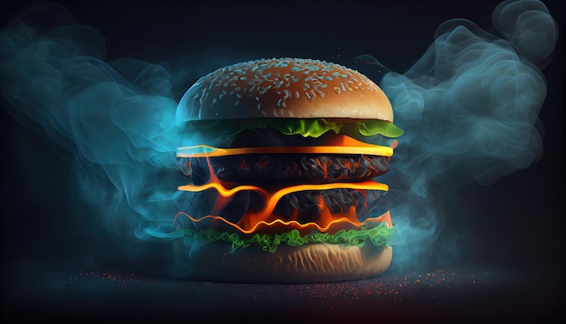 A hamburger with a smokey background