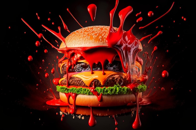 Hamburger with splashing ketchup isolated on black background Generative AI