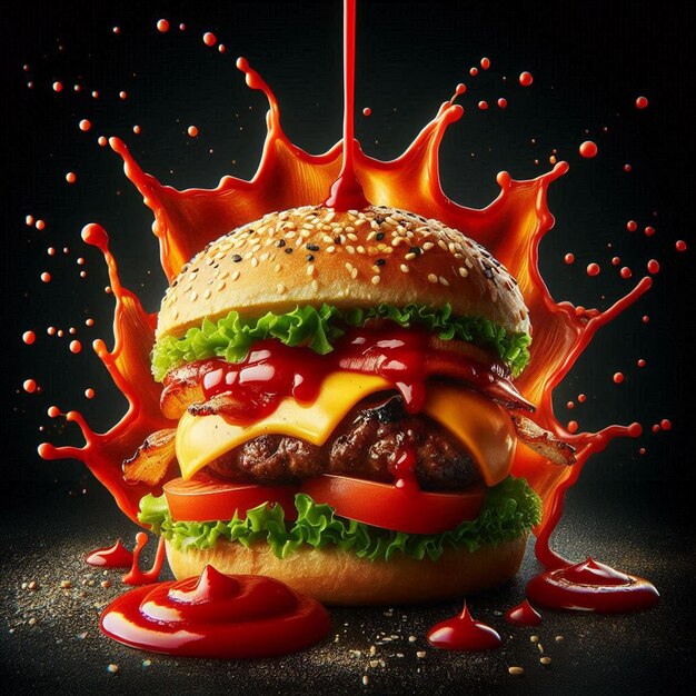 Photo hamburger with splashing ketchup isolated on black background