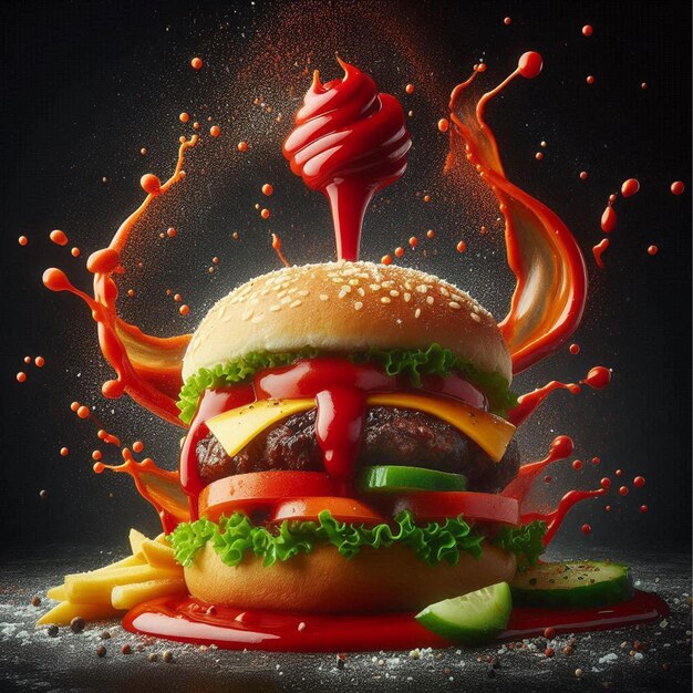 Photo hamburger with splashing ketchup isolated on black background