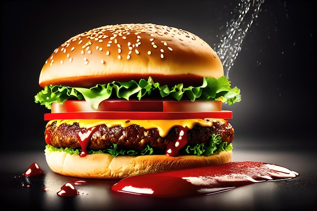 hamburger with splashing ketchup isolated on black background