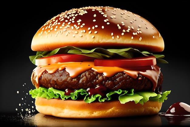 hamburger with splashing ketchup isolated on black background