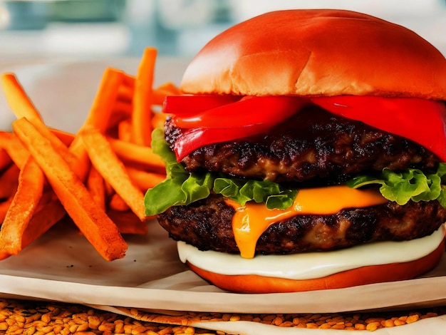 a hamburger with a tomato and cheese on it sits on a plate