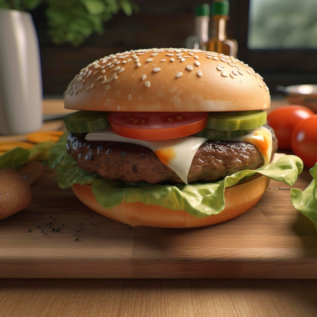 A hamburger with a tomato on it sits on a cutting board.