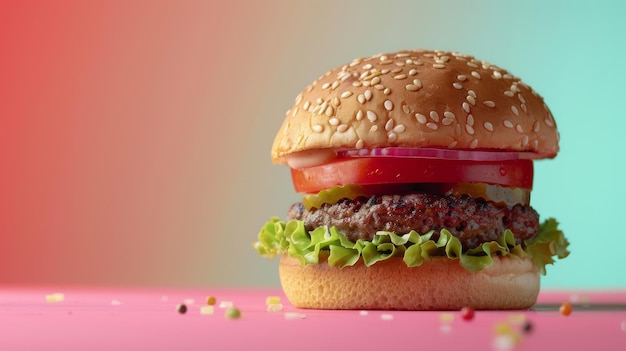 a hamburger with a tomato on it sits on a pink table