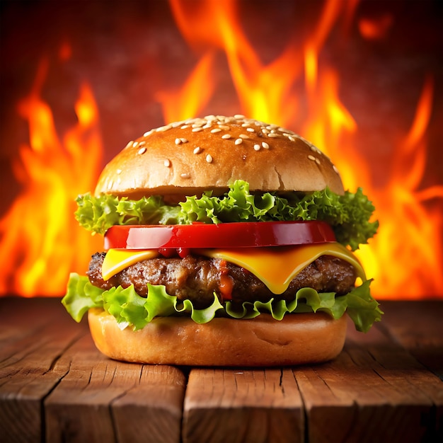 a hamburger with a tomato on it sits on a table with fire background ai