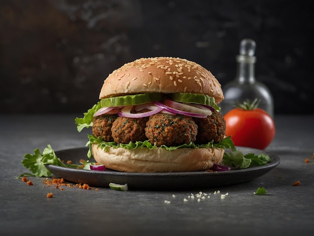 a hamburger with a tomato and onion on a plate with a cherry tomato on it