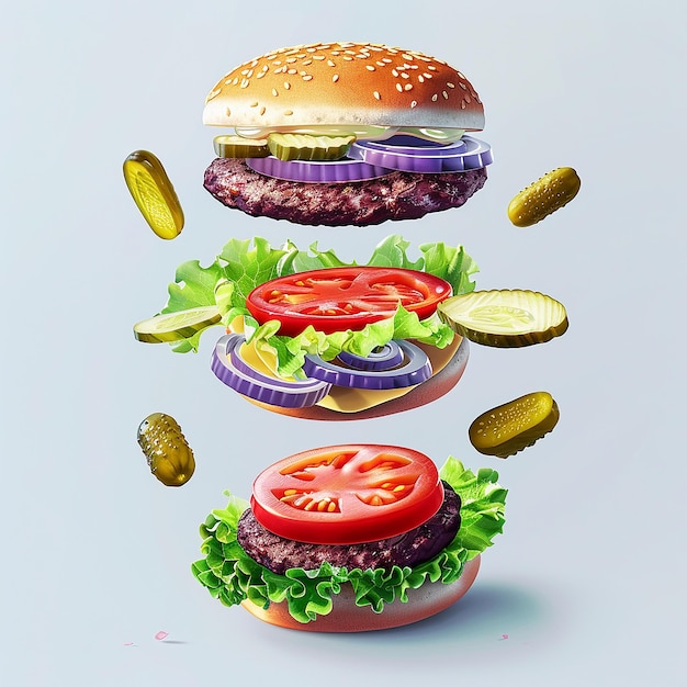 Photo a hamburger with a tomato and pickles on it