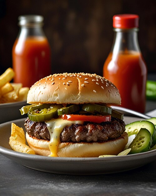 a hamburger with a tomato sauce and a bottle of ketchup