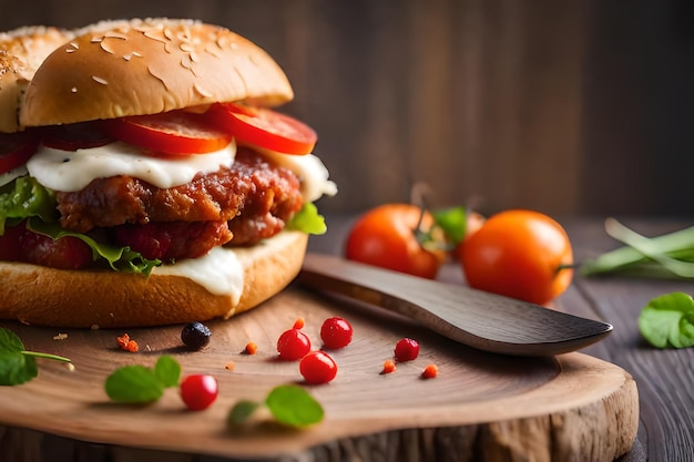 a hamburger with tomatoes and a knife on a wooden board