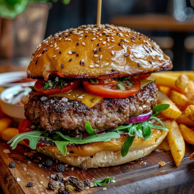 Photo a hamburger with tomatoes lettuce and tomatoes on a cutting board