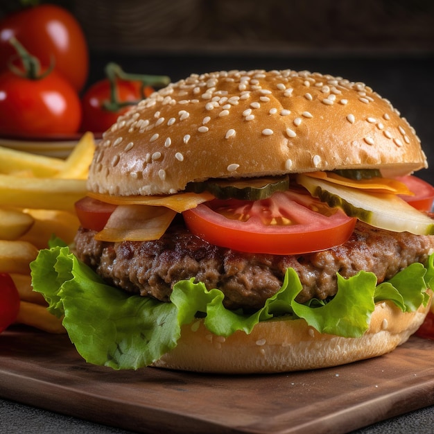 A hamburger with tomatoes and onions sits on a wooden cutting board.