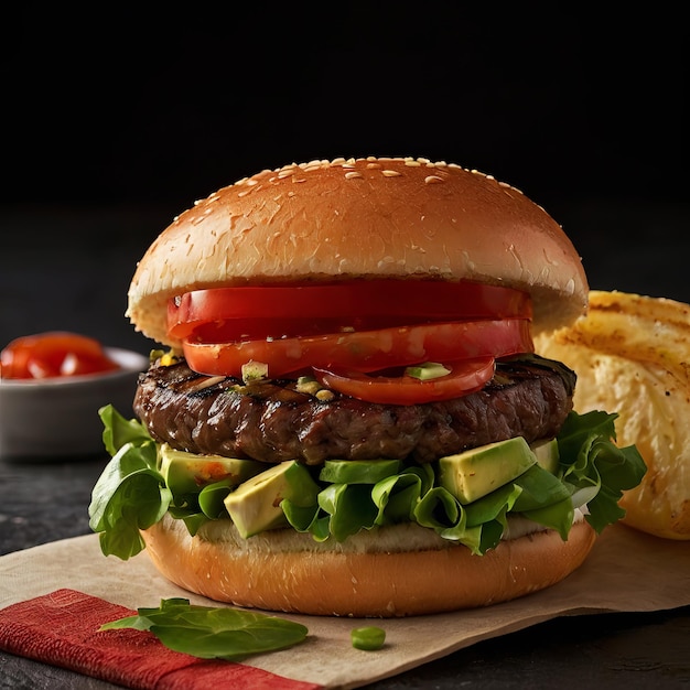 a hamburger with tomatoes and a slice of tomato on it