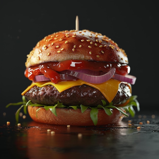 a hamburger with a toothpick on it that is on a table