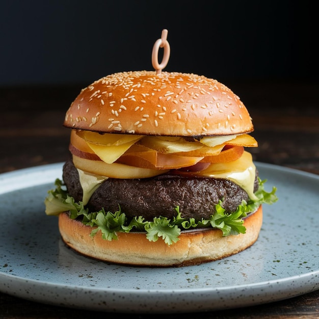 a hamburger with a triangle on the top of it