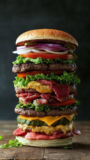 Photo hamburger with twenty layers of beef in the middle