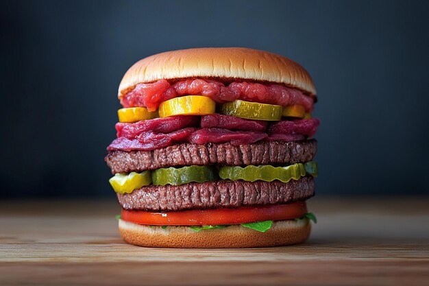 Photo hamburger with twenty layers of beef in the middle