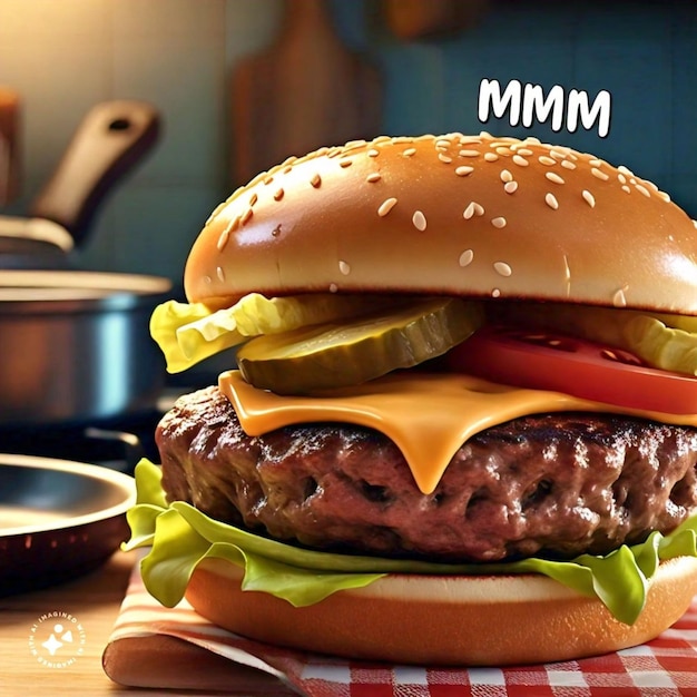 a hamburger with the word m on it