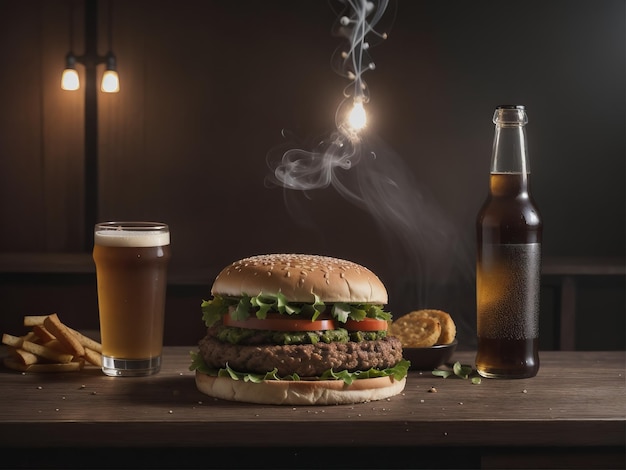 Hamburger on a wooden board with beer Generative AI