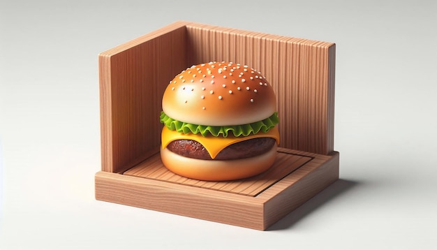 a hamburger in a wooden box with a hamburger inside of it