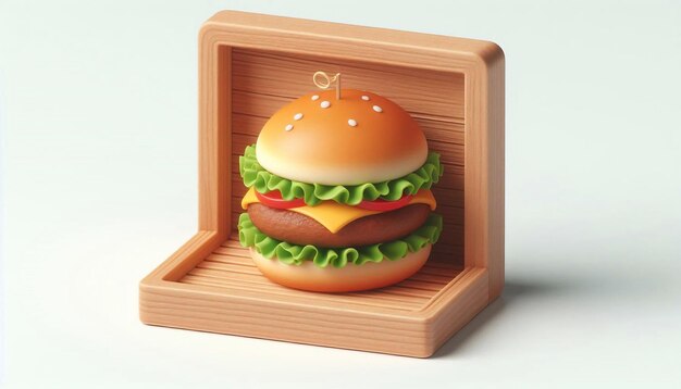 a hamburger in a wooden box with a picture of a hamburger in it