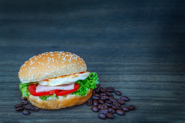 Hamburger on wooden floor