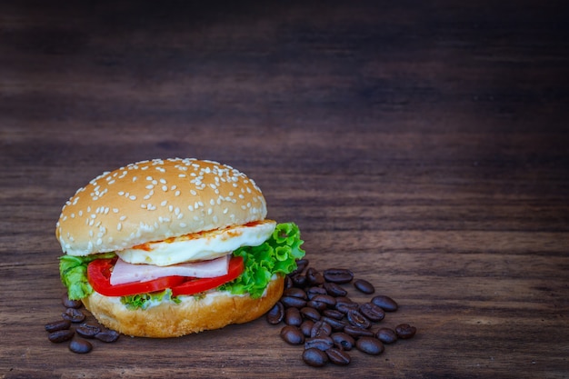 Hamburger on wooden floor