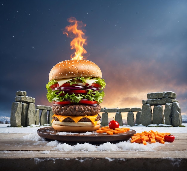 Hamburger on wooden table with fire and stone wall background