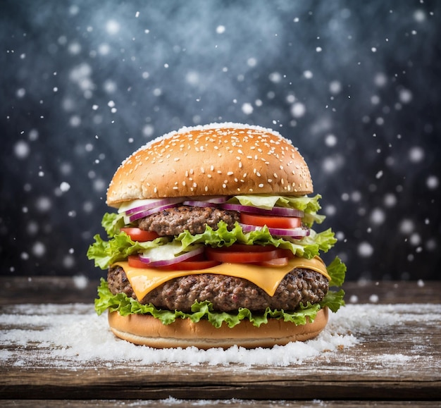 Hamburger on wooden table with snowflakes and falling snow