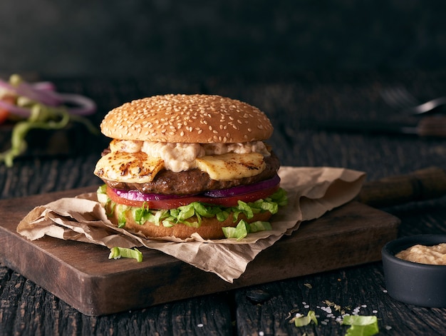 hamburger on a wooden table