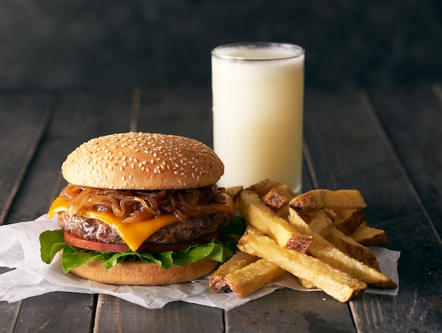 hamburger on a wooden table