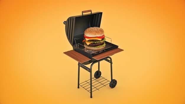 hamburgers cooking on grill with flames. 3d rendering