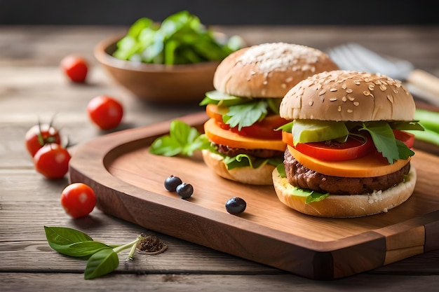 Hamburgers with tomatoes and lettuce on a wooden board