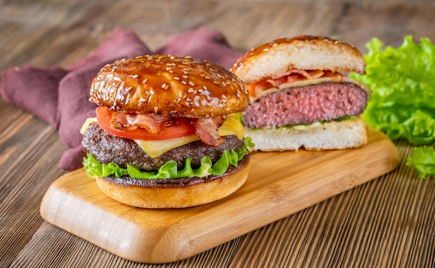 Hamburgers on the wooden board