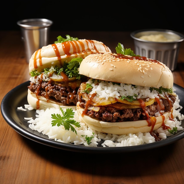 Hamburguer on a plate with rice and black beans tipical brazilian food white background