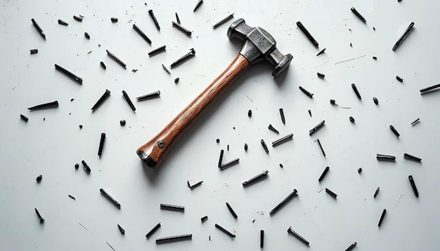 Hammer and broken nails on isolated clean white background