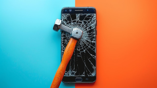 a hammer is laying on a phone with a broken glass