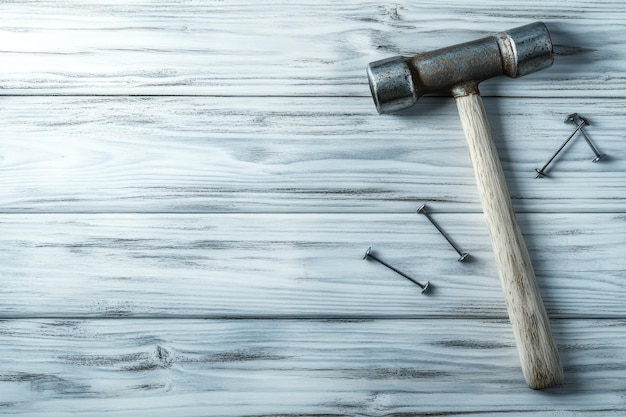 Photo hammer and nails on white wooden background