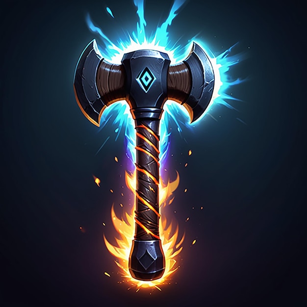 a hammer with a blue and orange flame on it