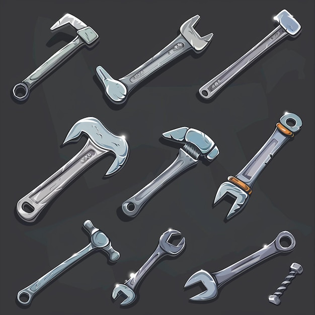 Photo hammer and wrench tool icon collection