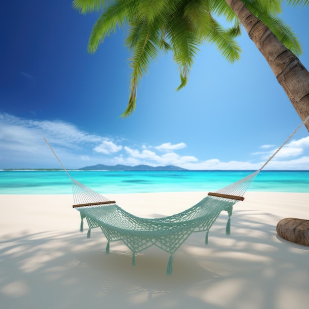 A hammock on a beach with a palm tree in the background